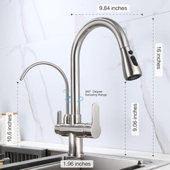 Kitchen Sink Faucet with Pull Down Sprayer 2 Handle 3 in 1 Water Filter Purifier Faucets, Brass Drinking Water Faucet Reverse Osmosis Brushed Nickel