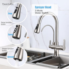Kitchen Sink Faucet with Pull Down Sprayer 2 Handle 3 in 1 Water Filter Purifier Faucets, Brass Drinking Water Faucet Reverse Osmosis Brushed Nickel