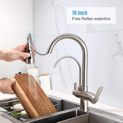 Kitchen Sink Faucet with Pull Down Sprayer 2 Handle 3 in 1 Water Filter Purifier Faucets, Brass Drinking Water Faucet Reverse Osmosis Brushed Nickel