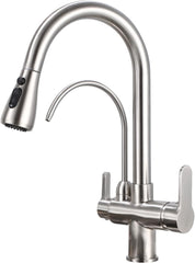 Kitchen Sink Faucet with Pull Down Sprayer 2 Handle 3 in 1 Water Filter Purifier Faucets, Brass Drinking Water Faucet Reverse Osmosis Brushed Nickel