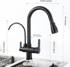 HUAHUALALA Matte Black Kitchen Sink Faucets with Pull Down Sprayer,Drinking Water Faucet,Modern Dual Handle 3-in-1 High Arc Water Filter Purifier Faucet for Reverse Osmosis or Water Filtration System