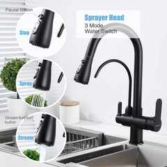 HUAHUALALA Matte Black Kitchen Sink Faucets with Pull Down Sprayer,Drinking Water Faucet,Modern Dual Handle 3-in-1 High Arc Water Filter Purifier Faucet for Reverse Osmosis or Water Filtration System