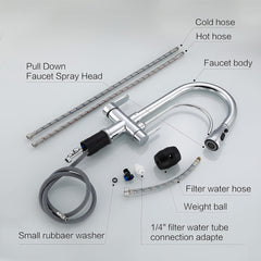Kitchen Faucet with Pull Down Sprayer Modern 2 Handle Kitchen Faucets Drinking Water Faucet Reverse Osmosis Faucet for Kitchen Sink 3 in 1 High Arc Water Purifier Faucets Lead-Free Brass, Chrome