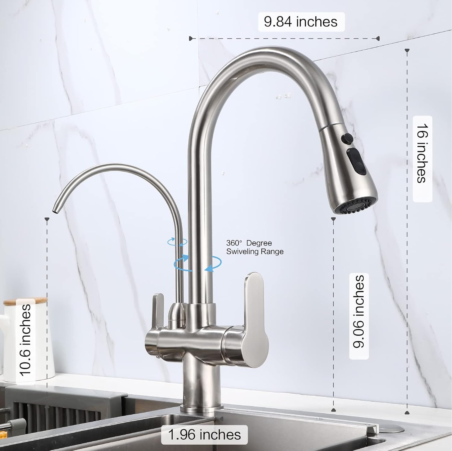 Kitchen Sink Faucet with Pull Down Sprayer 2 Handle 3 in 1 Water Filter Purifier Faucets, Brass Drinking Water Faucet Reverse Osmosis Brushed Nickel