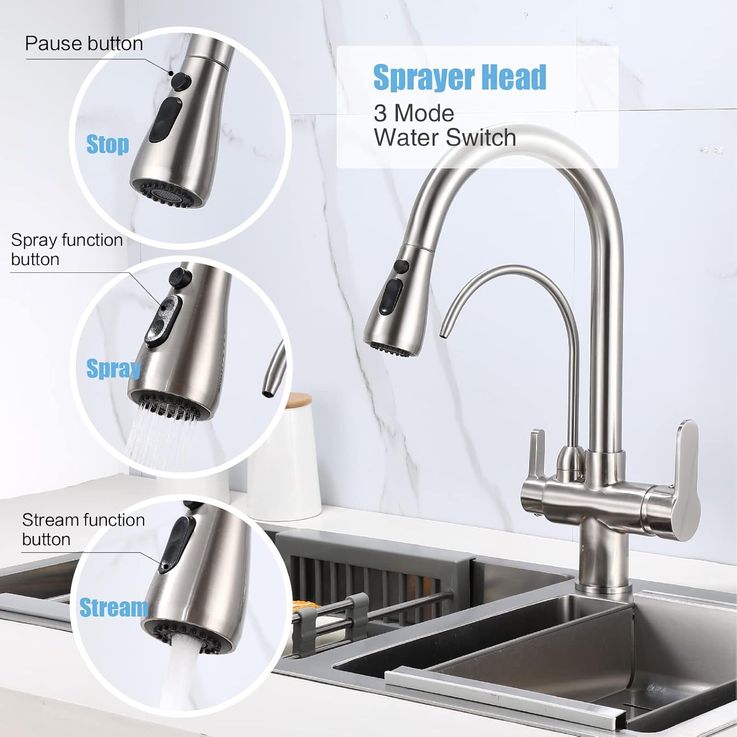 Kitchen Sink Faucet with Pull Down Sprayer 2 Handle 3 in 1 Water Filter Purifier Faucets, Brass Drinking Water Faucet Reverse Osmosis Brushed Nickel