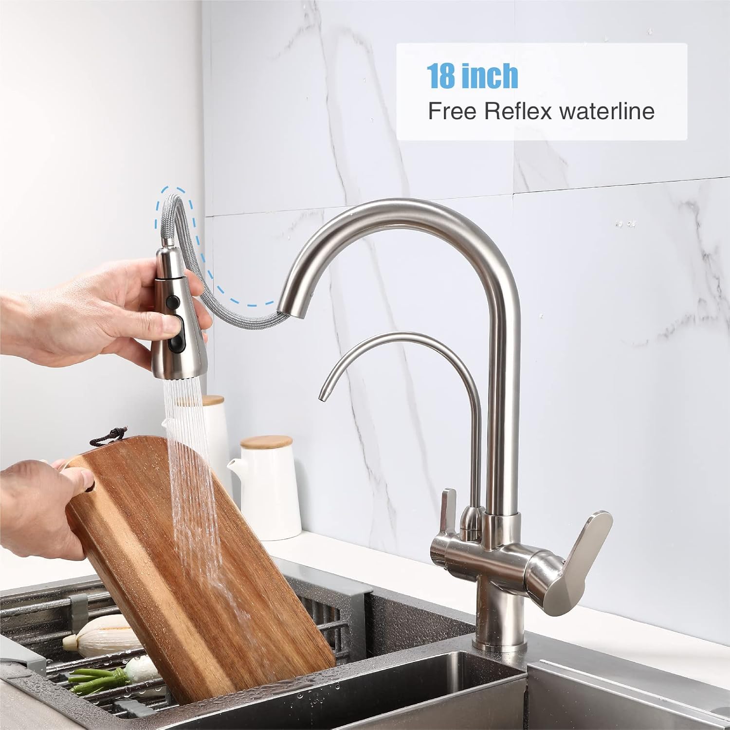 Kitchen Sink Faucet with Pull Down Sprayer 2 Handle 3 in 1 Water Filter Purifier Faucets, Brass Drinking Water Faucet Reverse Osmosis Brushed Nickel