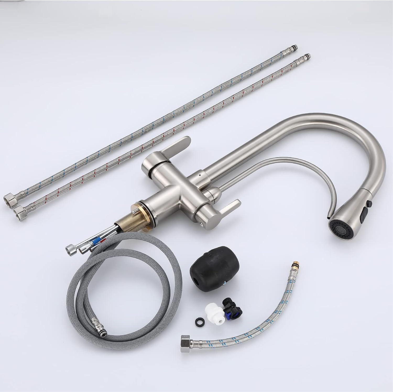Kitchen Sink Faucet with Pull Down Sprayer 2 Handle 3 in 1 Water Filter Purifier Faucets, Brass Drinking Water Faucet Reverse Osmosis Brushed Nickel