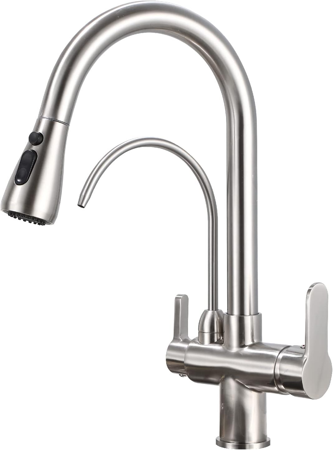 Kitchen Sink Faucet with Pull Down Sprayer 2 Handle 3 in 1 Water Filter Purifier Faucets, Brass Drinking Water Faucet Reverse Osmosis Brushed Nickel