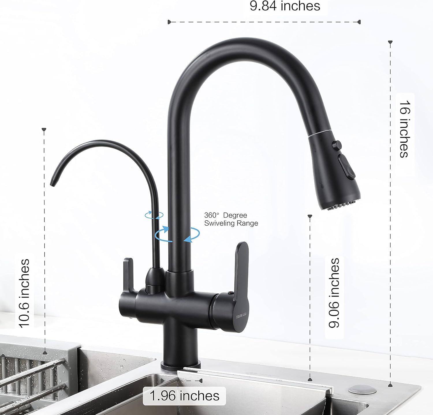 HUAHUALALA Matte Black Kitchen Sink Faucets with Pull Down Sprayer,Drinking Water Faucet,Modern Dual Handle 3-in-1 High Arc Water Filter Purifier Faucet for Reverse Osmosis or Water Filtration System