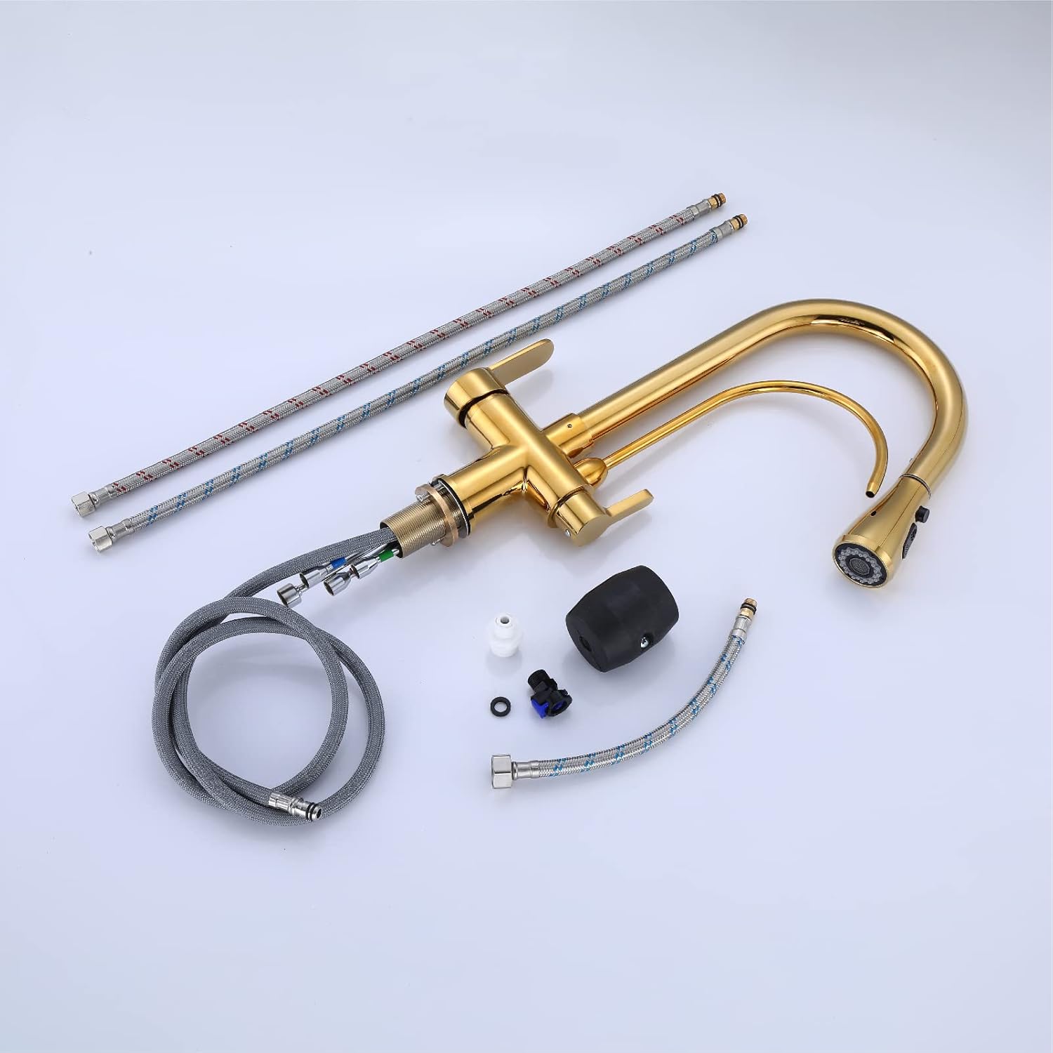 HUAHUALALA Kitchen Sink Faucet with Pull Down Sprayer 2 Handle 3 in 1 Water Filter Purifier Faucets, Brass Drinking Water Faucet Reverse Osmosis Gold