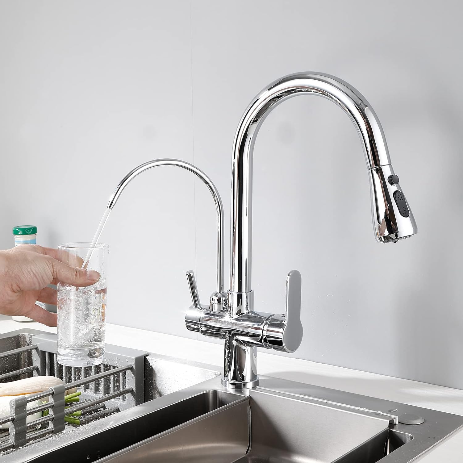 Kitchen Faucet with Pull Down Sprayer Modern 2 Handle Kitchen Faucets Drinking Water Faucet Reverse Osmosis Faucet for Kitchen Sink 3 in 1 High Arc Water Purifier Faucets Lead-Free Brass, Chrome