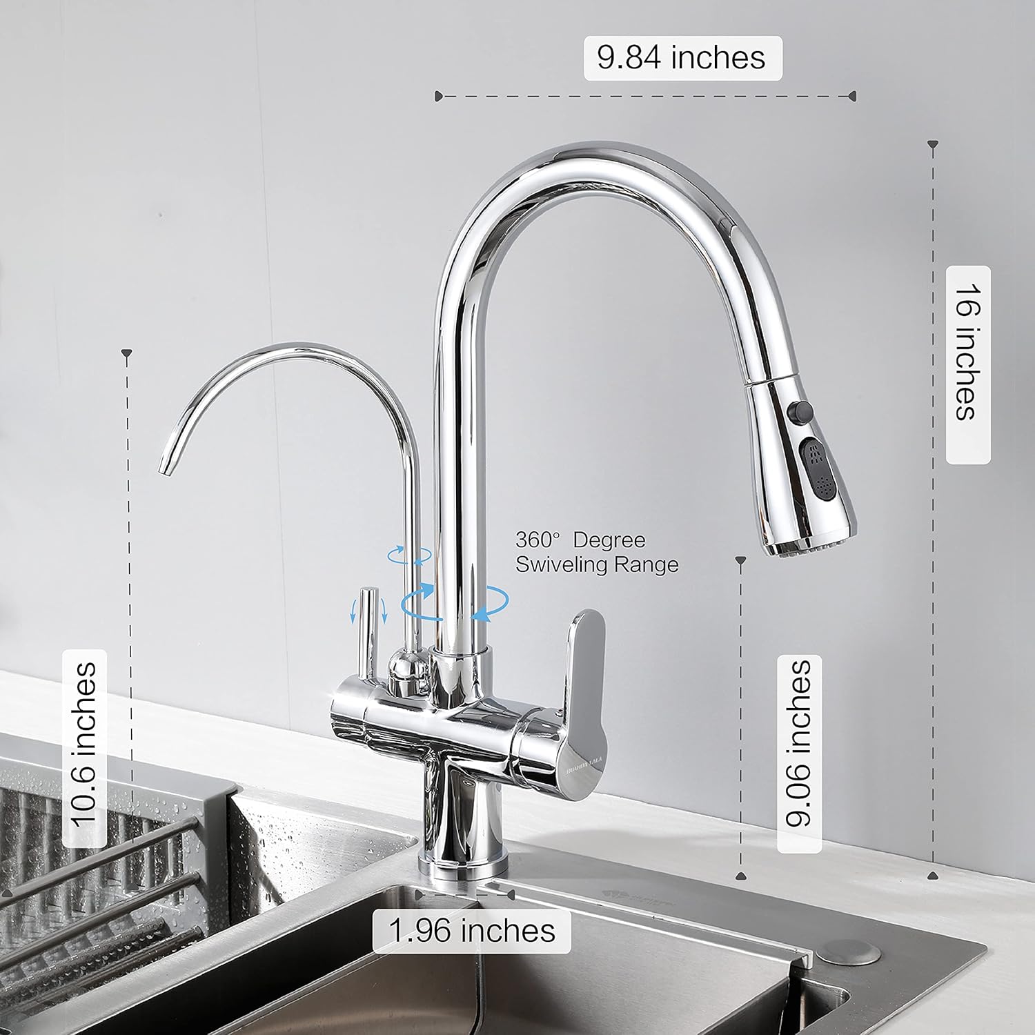 Kitchen Faucet with Pull Down Sprayer Modern 2 Handle Kitchen Faucets Drinking Water Faucet Reverse Osmosis Faucet for Kitchen Sink 3 in 1 High Arc Water Purifier Faucets Lead-Free Brass, Chrome