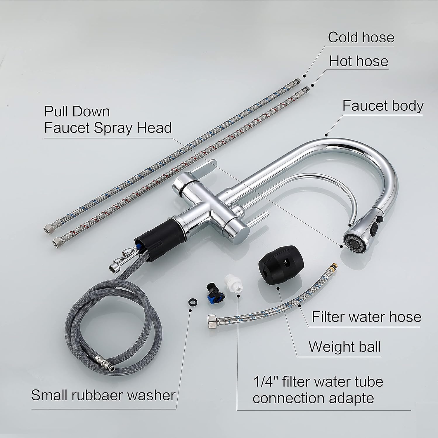 Kitchen Faucet with Pull Down Sprayer Modern 2 Handle Kitchen Faucets Drinking Water Faucet Reverse Osmosis Faucet for Kitchen Sink 3 in 1 High Arc Water Purifier Faucets Lead-Free Brass, Chrome
